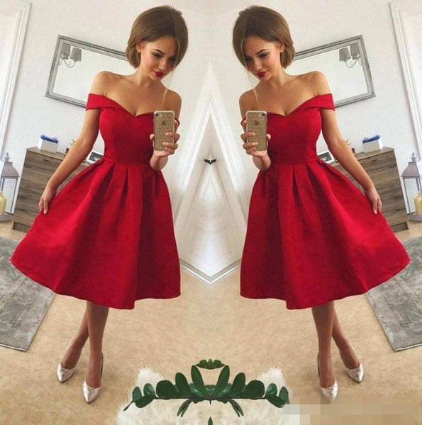 Red Off The Shoulder Satin A Line Short Homecoming Dresses Ruched Knee Length Short Party Cocktail Prom Dresses