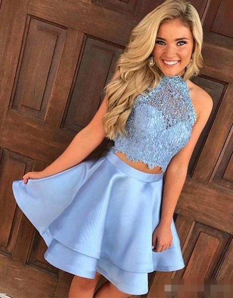 New Arrival Two Piece Homecoming Dresses High Neck Sleeveless Lace Satin Backless Royal Blue Light Sky Blue Red Short Party Dress Prom Gowns