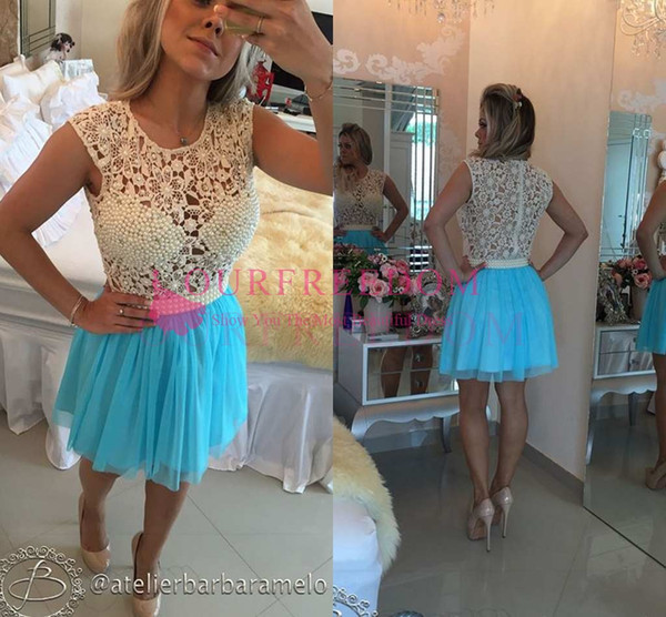 New Light Sky Blue Short Mini Homecoming Dresses Pearls Zipper Back Formal Evening Occasion Party Cocktaio Dresses Custom Made