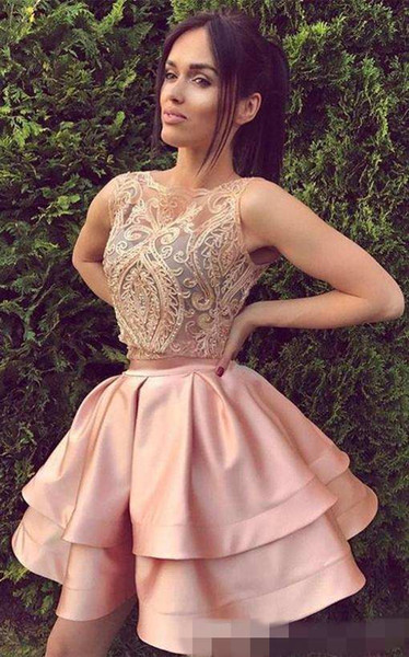 Short Blush Pink Two Piece Homecoming Dresses A Line Sleeveless Backless Mini Cocktail Dress Prom Party Gowns Custom Lace