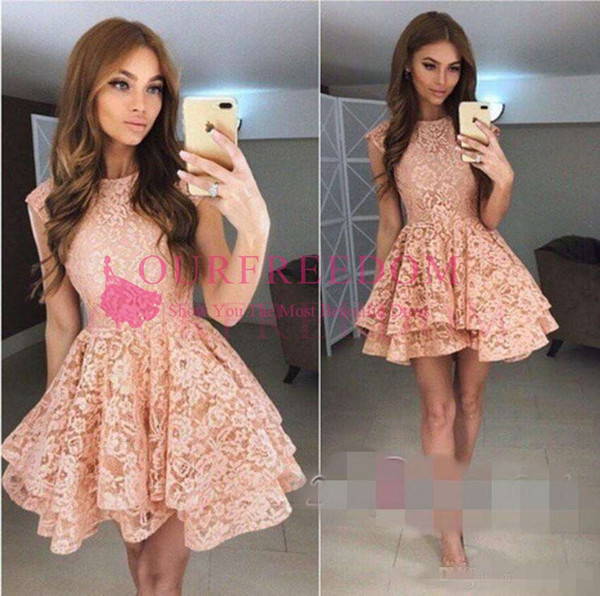 New Arrival Pink Short Cap Sleeves Homecoming Dresses Lace Appliqued A Line Party Cocktail Prom Dress Cheap Mini Formal Gowns