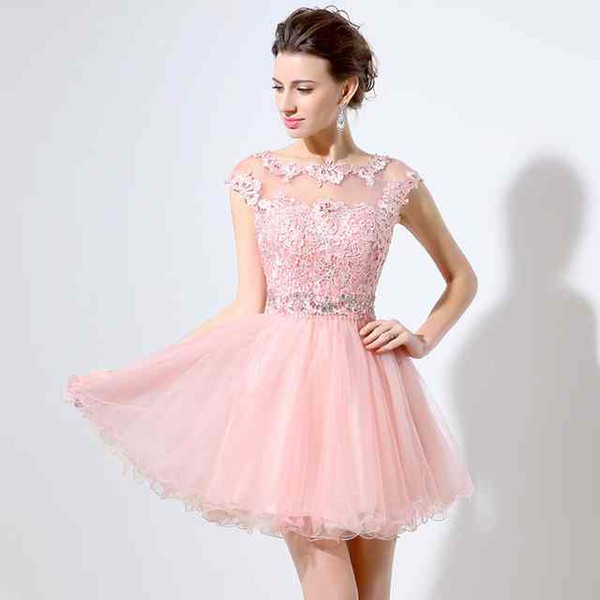 LX011 Sexy Pink Sheer Neckline Short Homecoming Dresses Crystal Lace A-line Party Dress New Real Pictures Rode De Soiree