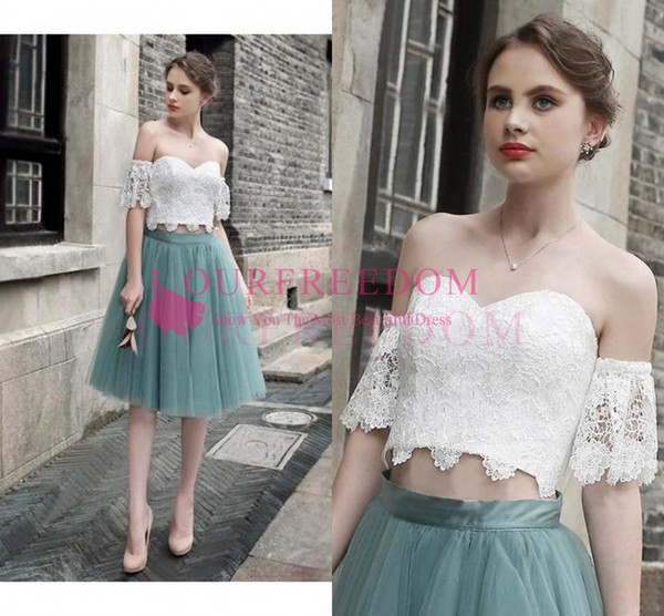 New Two Piece Homecoming Dresses White Top Lace A Line Short Mini Party Gown Custom Made Hot Sale