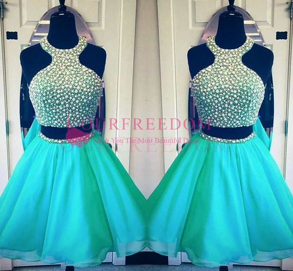 Sparkly Pearls Halter Neck Two Piece Short Mini Homecoming Dressesw A Line Sweet 16 18 Party Gown Custom Made Hot Sale