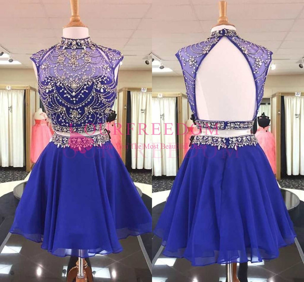 Royal Blue Two Piece Homecoming Dresses Sparkly Crystal Beaded High Neck Hollow Back Sweet 16 18 Short Mini Party Gown Custom Made