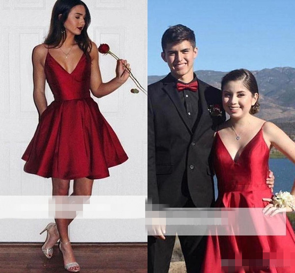 New Burgundy V Neck Homecoming Dresses Spaghetti Backless Stain Short Mini Cocktail Dresses Prom Party Gown Custom Made