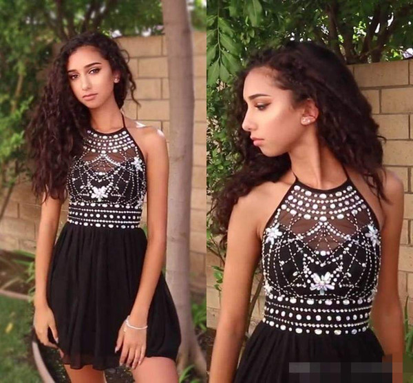 Black Halter Neck Sparkly Beaded Homecoming Dresses A Line Chiffon Little Cocktail Dresses Short Prom Dresses