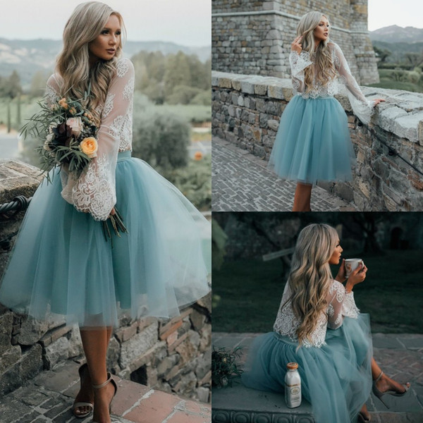 Two Piece Short Homecoming Dresses Light Blue Tulle Long Sleeve Illusion Party Gown Custom Made Hot Sale