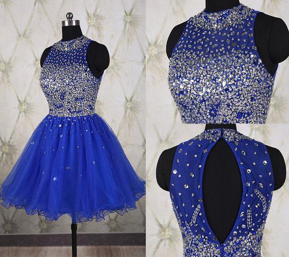 Royal Blue Formal Prom Dress Pleated Mini Homecoming Dresses Short Evening Dresses With Beaded Sequins Crew Collar Knee Length Dress