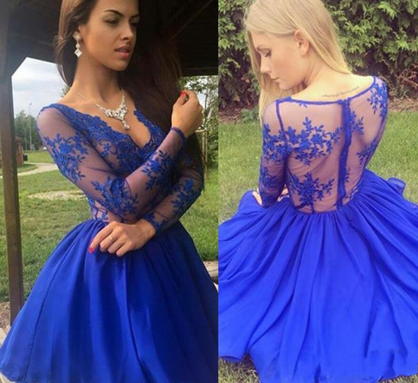 Royal Blue Lace Homecoming Dresses Short Mini Length V Neck Chiffon Long Sleeves Sexy Formal Party Gowns