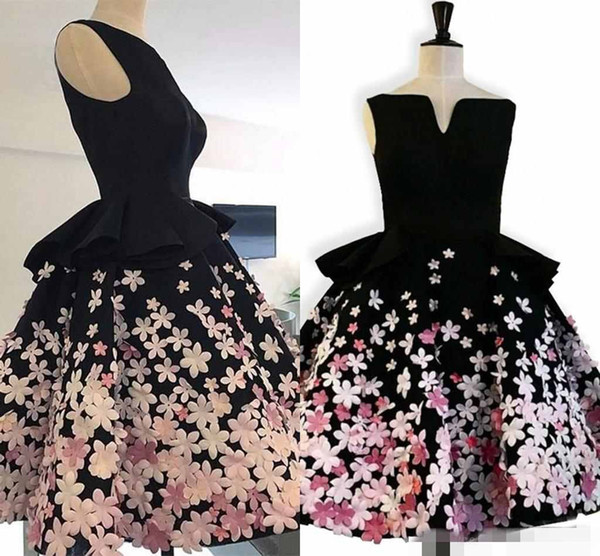 Gorgeous 3D Flora Appliques Homecoming Dresses Black Knee Length Bateau Neck Formal Evening Dresses Party Gown Custom Made