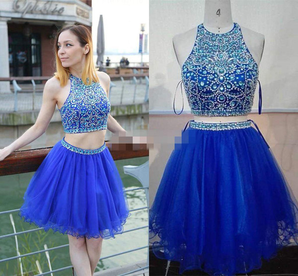 Royal Blue Two Piece Homecoming Dresses Jewel Neck Sleeveless Beaded Crystal Tulle Summer Beach Party Dresses Short Graduation Prom Dresses