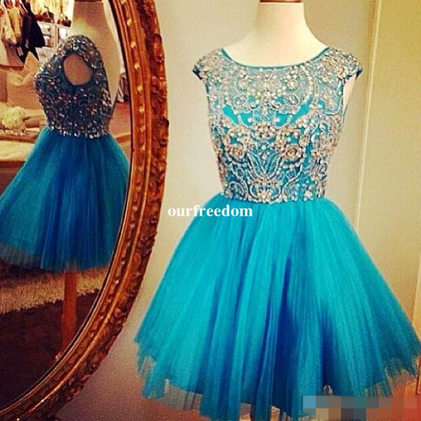 Shinning Short Homecoming Teens Dresses Scoop Cap Sleeves Beads Crystals Please Formal Party Cocktail Gowns Low Back Sexy Prom Dress