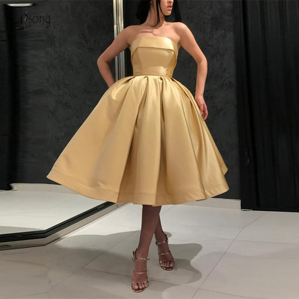 Simple Puffy Tea Length Homecoming Dresses Cheap Light Gold Off Shoulder Prom Gowns Plus Size Fashion Cocktail Dresses