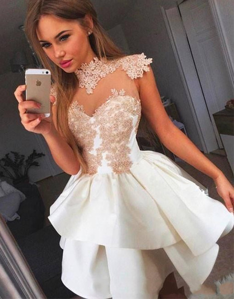 Little White Lace Homecoming Dresses High Neck Cap Sleeves Sheer Neck Short Cocktail Dresses Evening Party Gowns