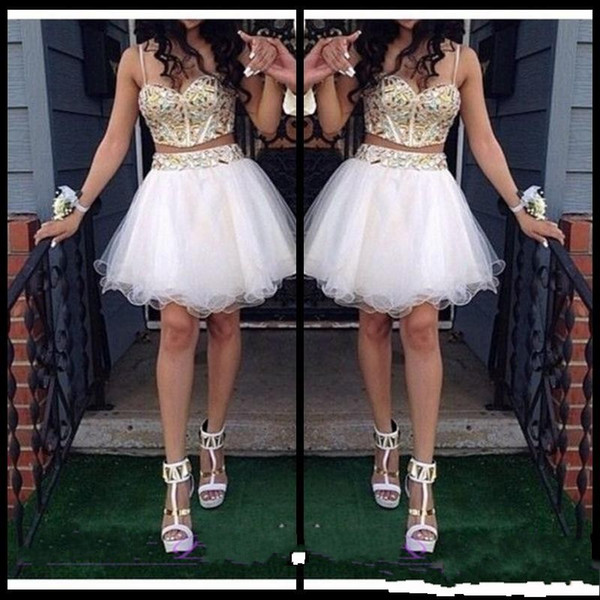 Sexy Two Piece A Line Homecoming Dresses With Gold Beaded Straps Tulle White Short Prom Dress Sweet 16 Gown Cheap Custom Made