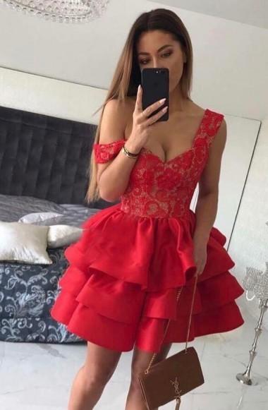 Sexy Hot Red Homecoming Dresses A-Line Sexy V Neck with Lace Tiered Short Mini Party Graduation Cocktail Gowns Custom Made Cheap