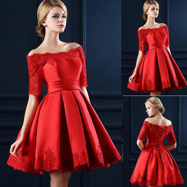 Off Shoulder Knee Length Short Sleeves Homecoming Dress Lace Up Satin Appliques Ruffles Mini Prom Cocktail Dresses