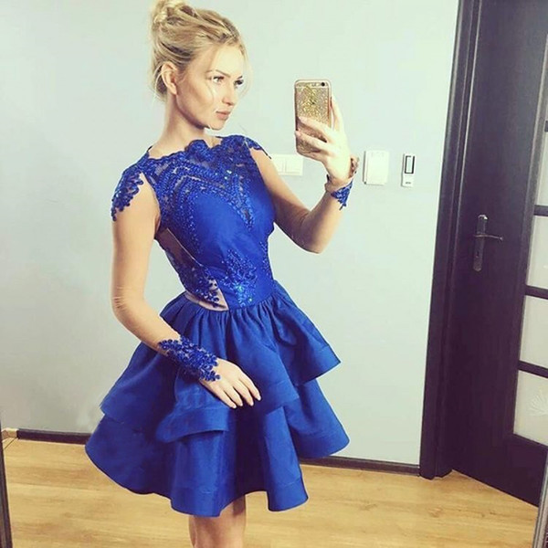 Royal Blue Sexy Homecoming Dresses A-Line Long Sleeve with Lace Tiered Short Mini Party Graduation Cocktail Gowns Custom Made Cheap