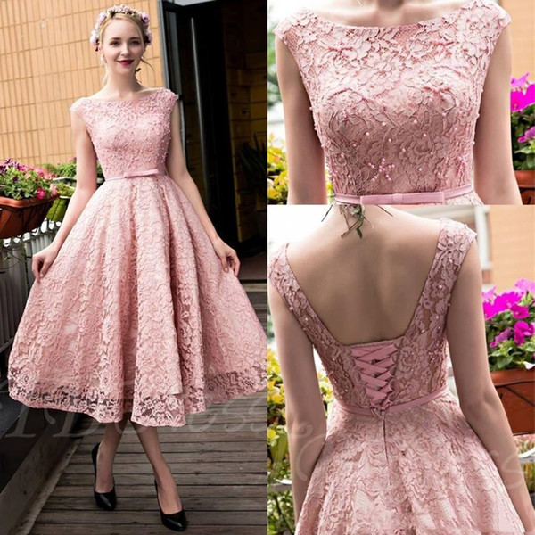 Blush Pink Elegant Tea Length Full Lace Homecoming Dresses Bateau Neck Lace Up A-line Party Gowns