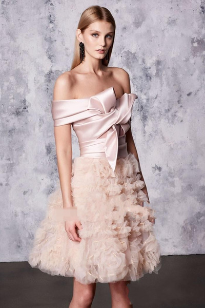 Sexy Blush Homecoming Dresses REEM ACRA Off-Shoulder Tiered Skirts Sexy Mini Party Prom Dress A-Line Arabic Party Cocktail Gowns