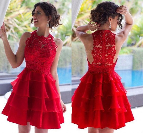 Hot Red Sexy Short A-Line Homecoming Dresses Halter Neck Sleeveless With Lace Neckline Vestido Semi Prom Gowns 8th Grade Party DTJ