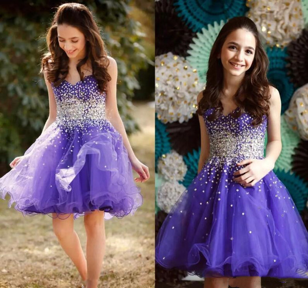 Sparkling Crystal Beads Short Girl Prom Dresses New Sweetheart Tulle A Line Knee Length Homecoming Dresses Graduation Dresses