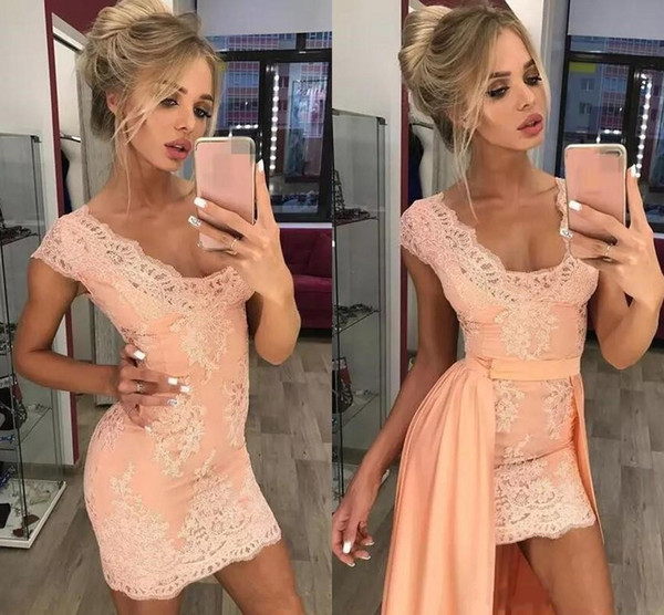 Sexy Sheath Short Lace Cocktail Party Dresses Prom Wear with Detachable Long Skirt Scoop Neckline Mini Homecoming Gowns