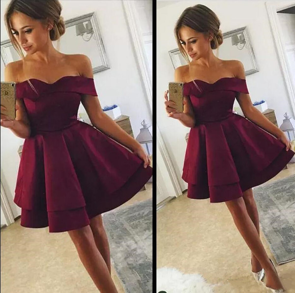 Cheap Off-Shoulder Dark Red Short Homecoming Dresses A Line Prom Formal Party Dress Cocktail Club Wear