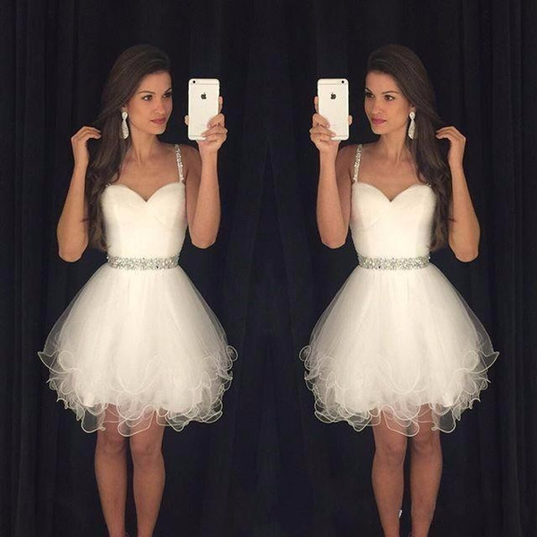 Sweety Homecoming Dresses Puffy Short Mini White Spaghetti Straps Beaded Crystals Ruffles Graduation Party Dress Prom for Sweet 15 Girl DTJ