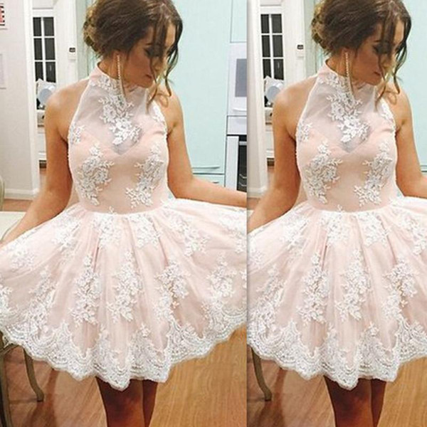 Cheap Short blush pink lace Prom Dresses Sexy Halter Lace Sheer Graduation Dress Girls Party Homecoming Gowns