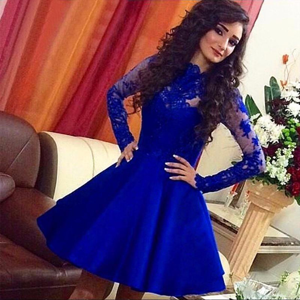 Cheap Short royal blue lace Prom Dresses long sleeve Sexy arabic Lace Sheer Graduation Dress Girls Party Homecoming Gowns