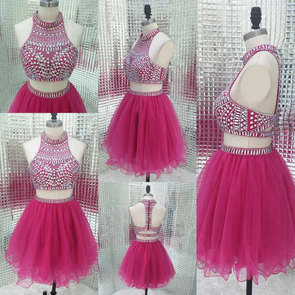 Sparkly Two Piece Homecoming Dresses Vintage Fuchsia Beading Short Sweet Sixteen Juniors Ball Gowns Cheap Party Weddings Guest Dress LX282