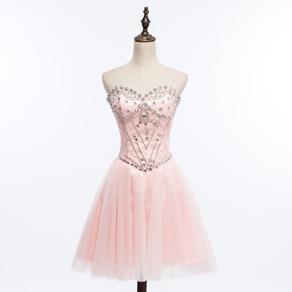 Sweetheart Lace Tulle Ball Gown Homecoming Dress With Beads Crystal Short Party Dress Lovely Lace Up Prom Gowns