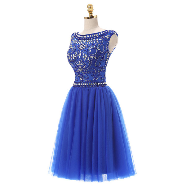 Scoop Neck Tulle Homecoming Dress Beaded Short Prom Dresses Royal Blue Party Dresses Knee Length