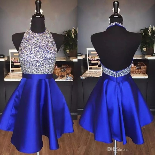 Royal Blue Satin Homecoming Dresses Halter Neck Sequins Crystal Short Prom Dresses Sparkly Red Party Dresses