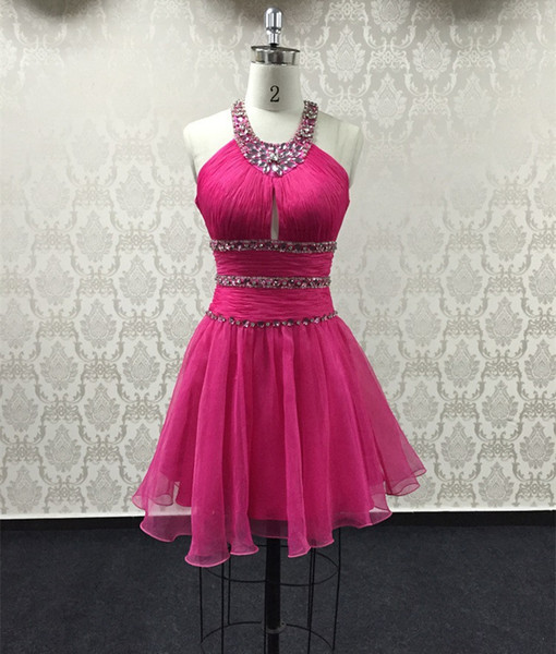 Beaded Crystal Halter Neck Homecoming Dresses Lovely Short Prom Dresses New Backless Party Dress Elegant