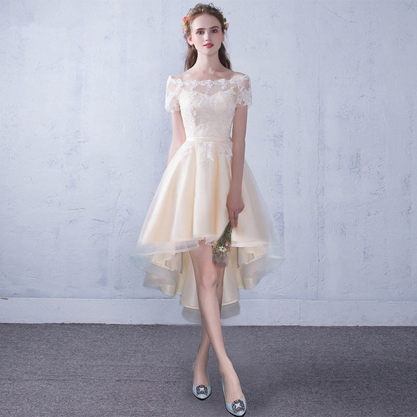 Champagne Bateau Neck Tulle Homecoming Dresses with Lace Appliques 2019 High Low Party Dress Lace Up