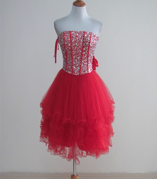 Beaded Strapless Organza Ball Gown Homecoming Dresses with Ruffles Knee Length Party Dress Fuchsia Short Prom Gowns