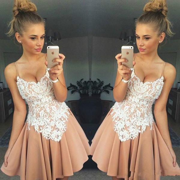 Sexy A-Line Homecoming Dresses Spaghetti Sweetheart Sleeveless Lace Mini Short Zipper Back Short Party Dresses Cocktail Dresses 56