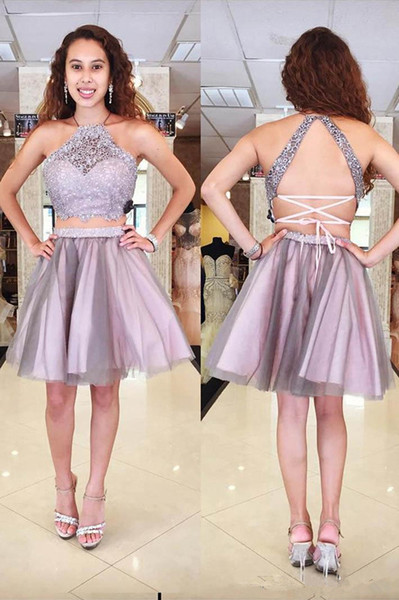 Two Pieces Light Purple Homecoming Dresses Halter Neckline Sleeveless Backless Short A-line Lace Tulle Cocktail Party Dress 63