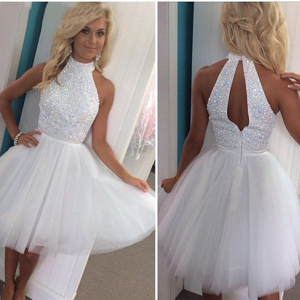 White Beaded Homecoming Dresses Girls Short Party Dress Halter Crystal Corset Keyhole Back High Neck Prom Dress Vestido De Festa Customize