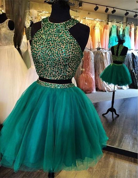 Green Beads Short Homecoming Dresses 2 Piece Green Rhinestone Prom Dresses 8th grade Mini cocktail Party Gowns sweet 16 Graduation Gowns