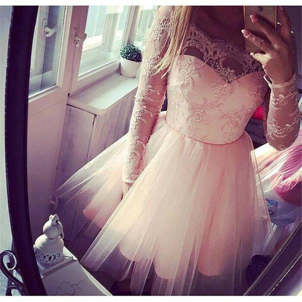 Long Sleeve Short Homecoming Dresses Illusion Girls Party Dress Lace Prom Dresses Vestido De Festa Customize Applique