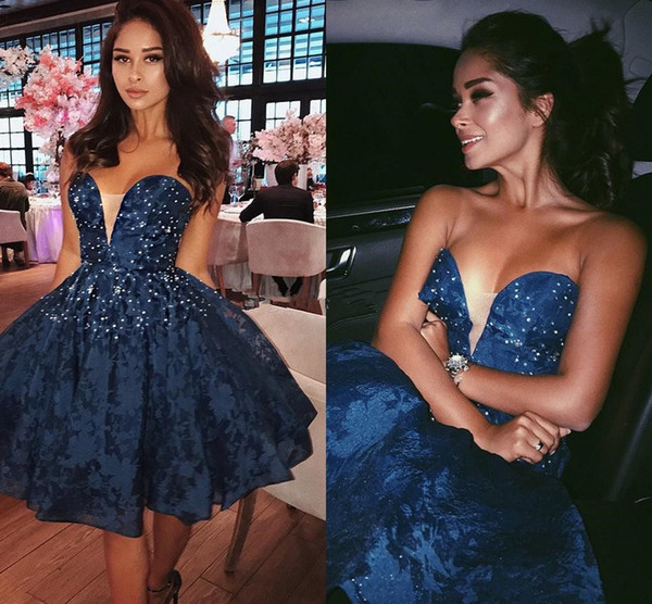 Navy Blue Lace Short Homecoming Dresses Sweetheart Sequins Beaded Knee Length Ball Gown Party Dresses Graduation Sweet 16 Zipper Up 47