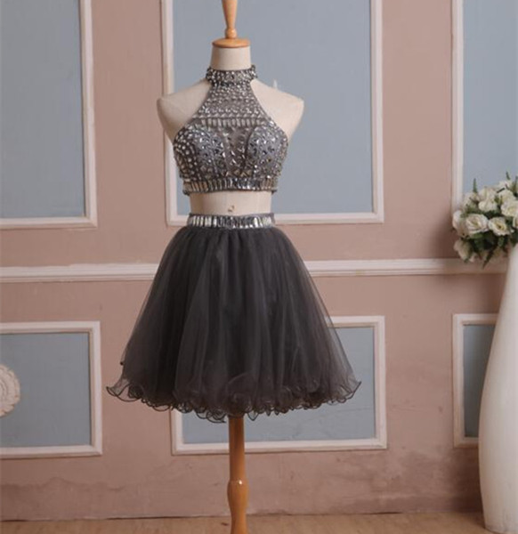 2016 In Stock Real Homecoming Dress Two Pieces Gray Tulle Graduation Gown with Rhinestones High Neck Short Prom Cocktail Party Gown