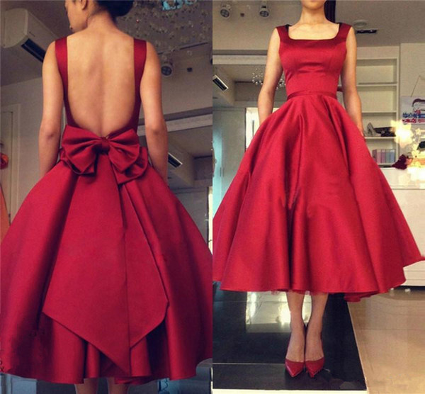 Cheap Red Puffy Skirt Homecoming Dresses 2017 Backless Evening Gowns Tea Length Cocktail Gowns With Big Bow Back