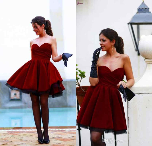 2016 Wine Red Fashion Prom Dresses Hot Sale Sweetheart Elegant Velvet Ruffle Skirts Formal Homecoming Gowns