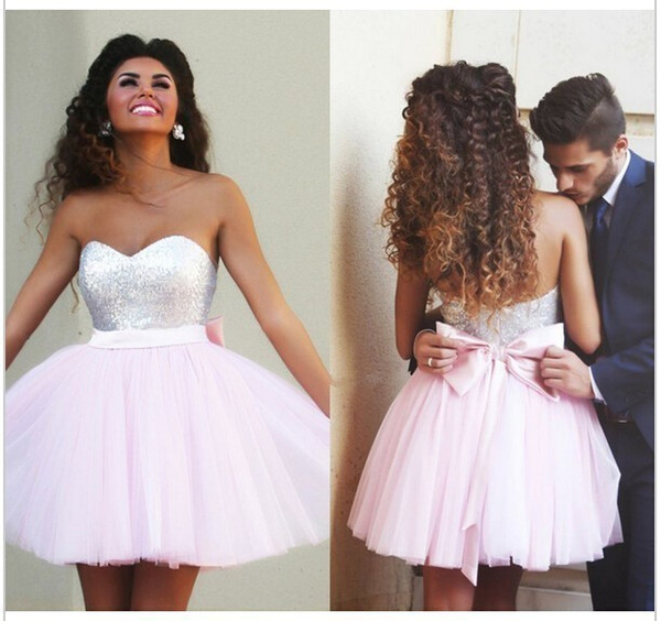 Elegant 2017 Homecoming Dresses A-line Sweetheart Short Mini Pink Tulle Squins Bow Cocktail Dresses 8th grade prom dresses