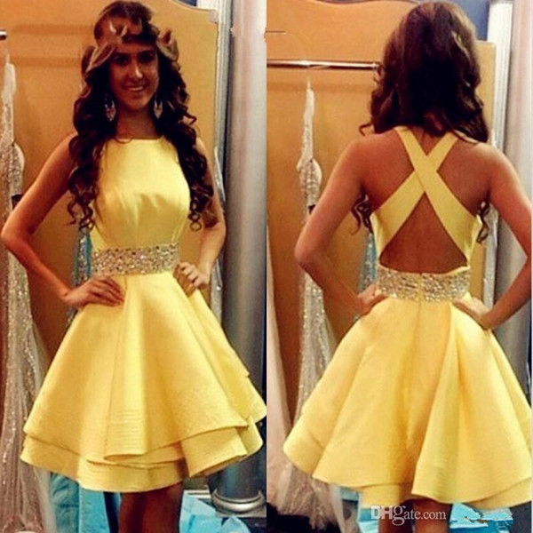 2017 Sexy Yellow Prom Dresses Short 2017 Girls Satin Beaded Ribbon Cocktail Party Gowns Criss Cross Cheap Junior Graduation Gowns Homecoming